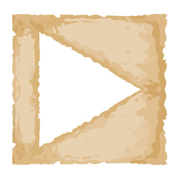 Creative layout of torn vintage paper pieces forming play button shape with weathered textures and burnt edges on checkered backdrop.