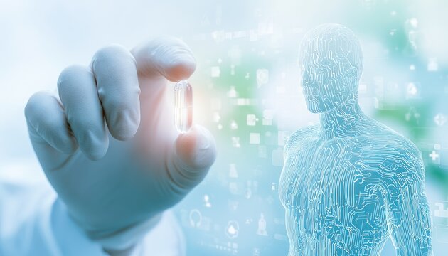 Hand holds clear capsule with illuminated body outline and medical icons