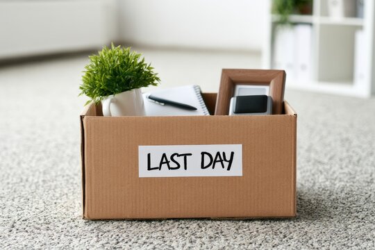 Cardboard box labeled "LAST DAY" filled with office items, a plant, and a photo frame