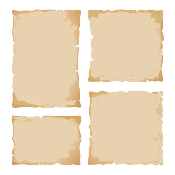 Set of four different sizes of antique parchment paper sheets with scalloped borders and stained textures isolated on grey background.