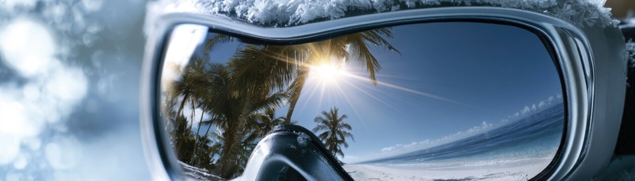 Snow-covered ski goggles reflect a sunny tropical beach scene