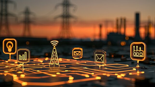 Glowing digital icons connect across a circuit board at sunset
