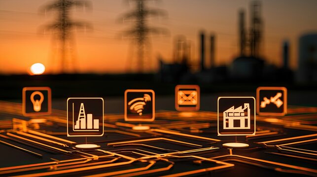 Industrial automation icons overlay a glowing circuit board against a sunset industrial backdrop