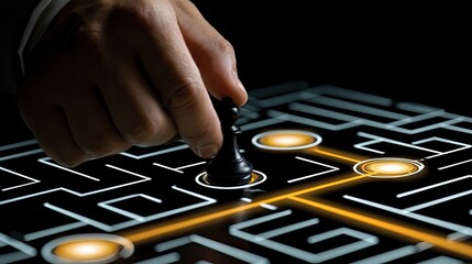 Naklejka premium Hand places chess piece on illuminated maze path