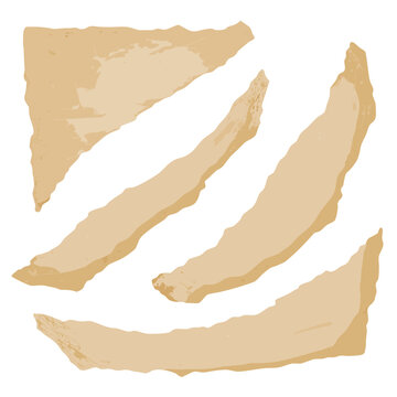 Old grunge paper sheets in various irregular forms on transparent background isolated object, empty design, vector illustration.