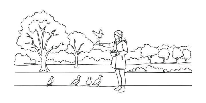 Person feeding birds in a park line art illustration.