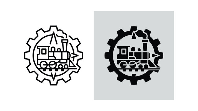Steam locomotive train inside large mechanical gear for industrial history and engineering progress concept vector icon set isolated on clean light gray background design for manufacturing