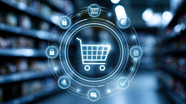 Digital shopping cart icon surrounded by security and payment symbols