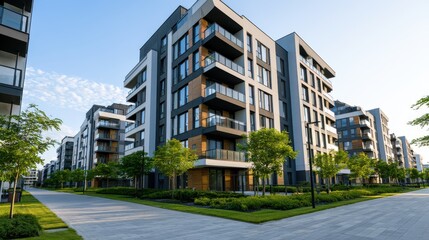 Fototapeta premium Modern multi-story apartment buildings with balconies and glass windows in a new residential district