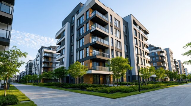 Modern multi-story apartment buildings with balconies and glass windows in a new residential district