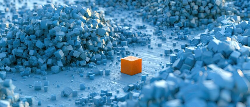 Single orange cube stands out amidst a sea of blue cubes