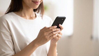 Fototapeta premium 金融アプリを両手でスクロール操作する日本人・胸元フレーム・顔なし構図 / Japanese Person Scrolling Banking Fintech App — Both Hands on Smartphone, Chest-Up Crop, Face Not Visible, Indoor Bokeh, Investment Finance Digital Lifestyle