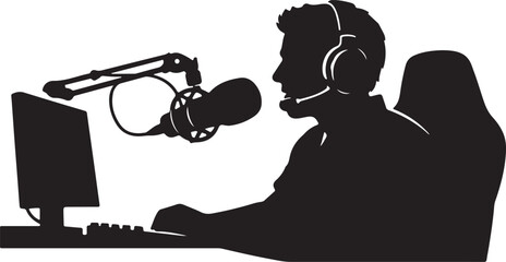  silhouette of streaming gamer sitting in a gaming chair and speaking into microphone © Hasher