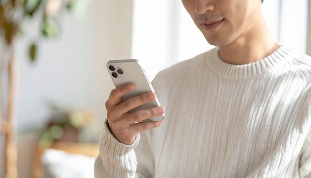 健康アプリを片手でスクロールする日本人・リビング室内・顔なし胸元構図 / Japanese Person One-Hand Scrolling Health Wellness App &mdash; Chest-Up Frame, Face Excluded, Soft Living Room Bokeh, Healthcare Digital Lifestyle, Natural Light
