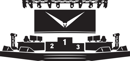 silhouette of esports arena stage with giant screen and winner podium © Hasher