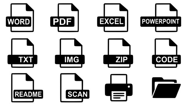 Vector graphic illustration of various file type icons on white