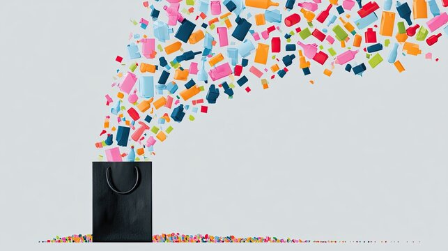 Black bag spewing colorful plastic objects and confetti