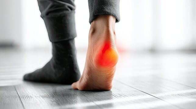 Close-up of a person's heel with a glowing red area indicating pain or injury