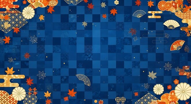 Traditional Japanese style background pattern with blue checker design and autumn leaves elements