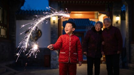Obraz premium Child holding sparkler celebrating Chinese New Year with family