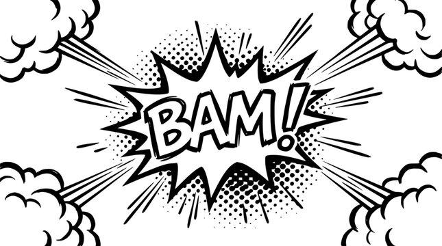Black and white comic book style illustration of explosive bam graphic