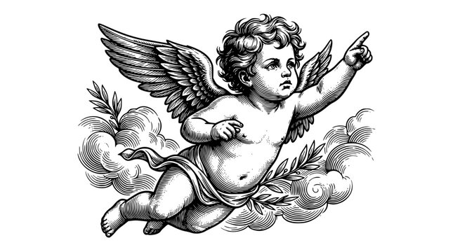 Black and white illustration of a cherub with wings pointing upwards