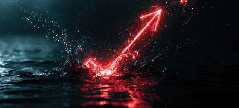 Red neon arrow emerging from dark water, creating splash