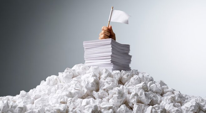 Hand holding white flag atop stack of papers on crumpled paper pile