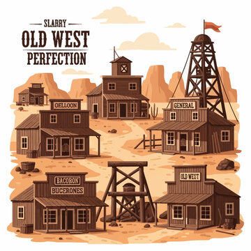 Vintage vector illustration of an Old West mining town featuring wooden storefronts, a mining headframe derrick, desert landscape with mesas, and a winding dirt road.