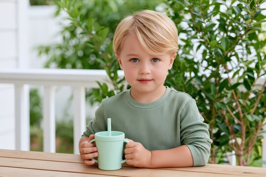 Young blonde boy drinking outdoors from sippy cup