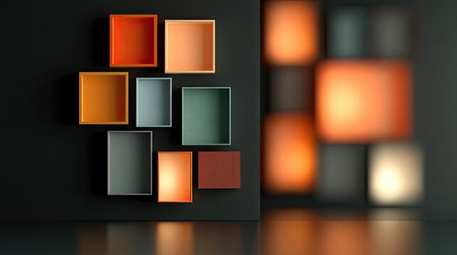 Recessed wall niches showcase varied colors on dark background