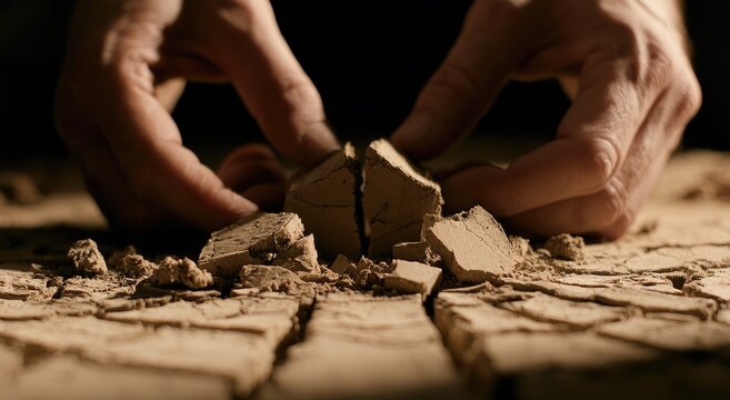 Hands gently break apart dry, cracked earth, revealing dust