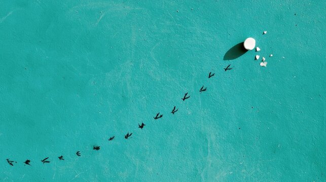 Tiny bird silhouettes trace an upward path across teal surface