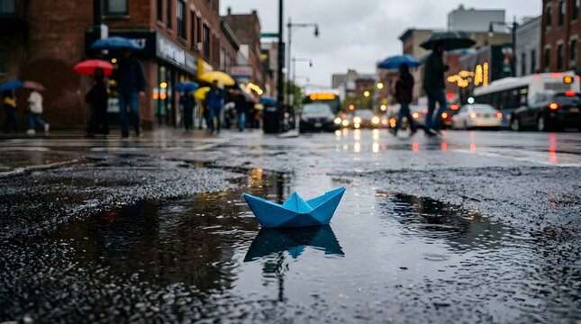 Blue paper boat lost in city street puddle on rainy day
