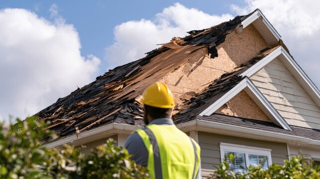 Damaged roof with exposed wood; worker in safety gear surveys