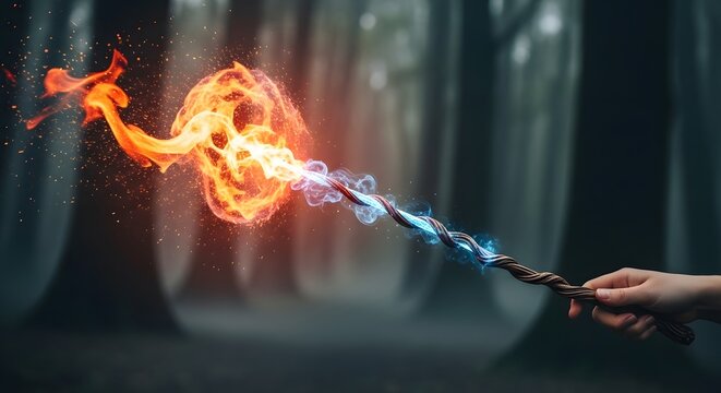 Magical wizard wand casting powerful orange fire spell in deep mysterious forest dark background