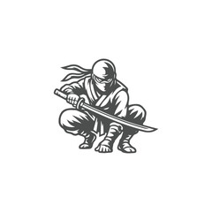 Obraz premium Crouching Ninja Warrior with Katana Sword Mascot Logo Vector Illustration