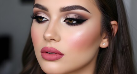 Fototapeta premium Close up beauty portrait of young beautiful female model with professional glamour makeup look