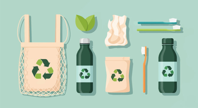 Flat lay vector illustration of sustainable lifestyle items including a reusable mesh tote bag with recycling logo, water bottles, toothbrushes, and eco-friendly paper packaging.