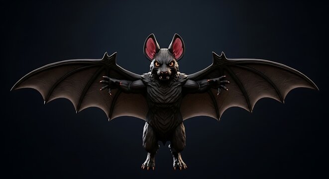 Dark Bat Character Flying with Outstretched Wings in Night Scene.