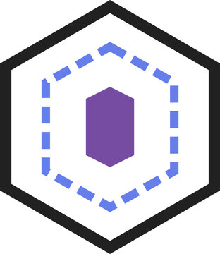 Nested geometric symbols with black outer blue dashed and purple solid hexagon frames on illustration