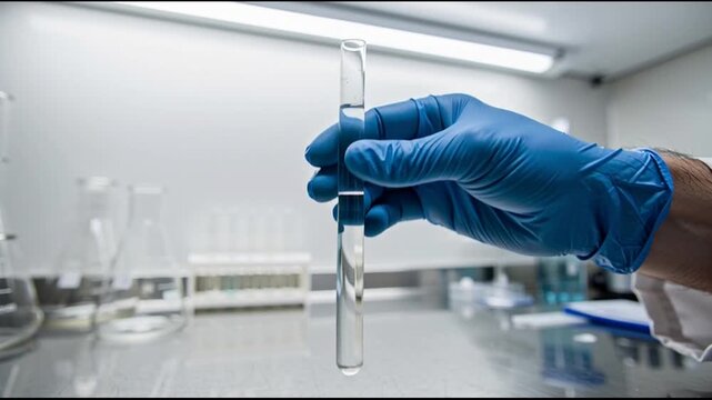 Gloved hand handling laboratory pipette.