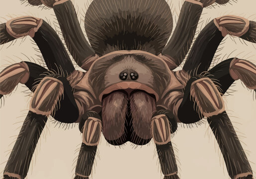 Vector illustration of a large hairy tarantula spider, close-up front view showing fangs, eyes, cephalothorax, and hairy legs in brown and tan tones on a neutral background.
