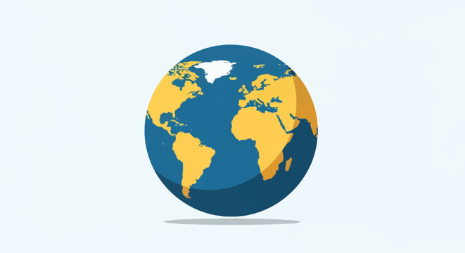 Flat vector illustration of Earth globe showing North America, South America, Europe, and Africa continents in yellow on a blue ocean background with a bottom shadow.