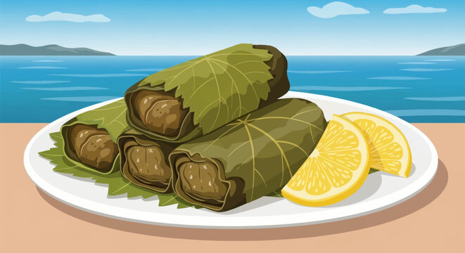 Vector illustration of Greek dolmades, stuffed vine leaves with rice filling on a white plate served with lemon wedges against a Mediterranean coastal sea and sky background.