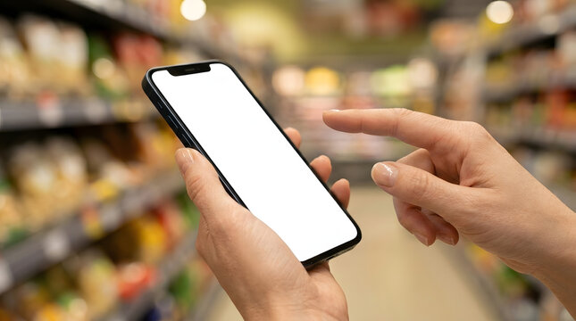 Woman using smartphone with blank screen for mobile payment or digital wallet app in grocery store aisle