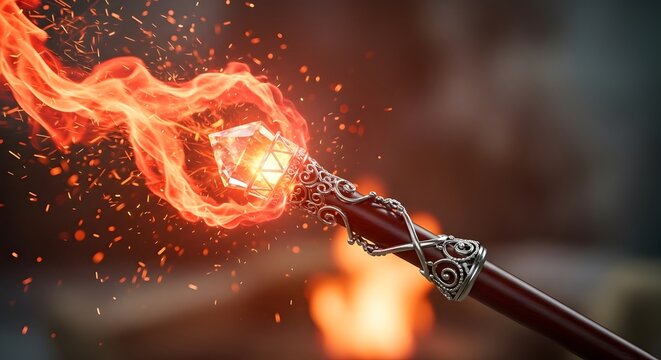 Detailed magical sorcerer wand casting sparkling orange energy fireball effect macro view