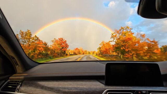 Rainbow Autumn Road Car Interior Dashboard Windshield Scenic Colorful Travel Nature Vibrant Rainbow Arches Over Autumn Road Lined With Colorful Trees Viewed From Inside Car Peaceful Drive Countryside