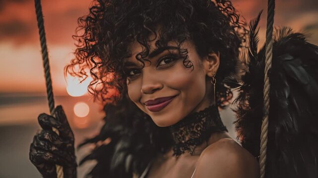 Young attractive mixed race woman with curly dark hair wearing black lace choker sitting on swing at sunset with warm light Concept of freedom and confidence