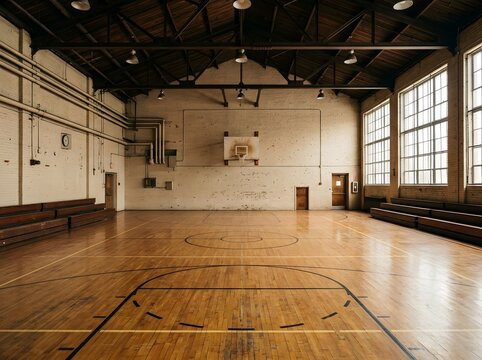Vintage indoor wooden basketball court in an old sports hall with basketball